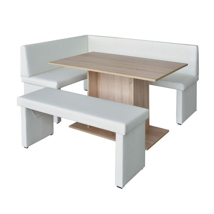 komplet rohová lavica+stol+lavica ekokoža biela, L - prevedenie, MODERN, na bielom pozadí komplet rohová lavica+stol+lavica ekokoža biela, L - prevedenie, MODERN, na bielom pozadí