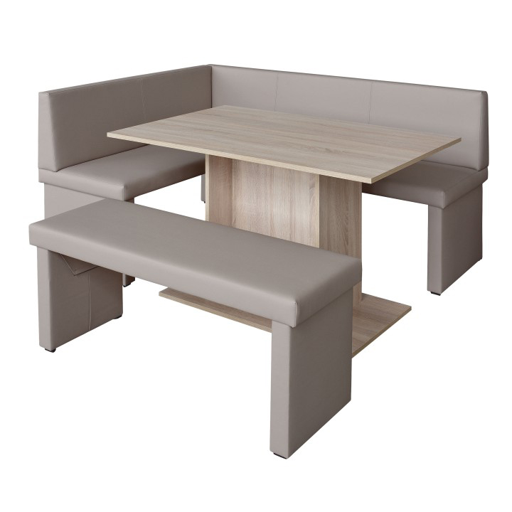 Komplet rohová lavica+stol+lavica ekokoža capucino, L - prevedenie, MODERN, na bielom pozadí Komplet rohová lavica+stol+lavica ekokoža capucino, L - prevedenie, MODERN, na bielom pozadí